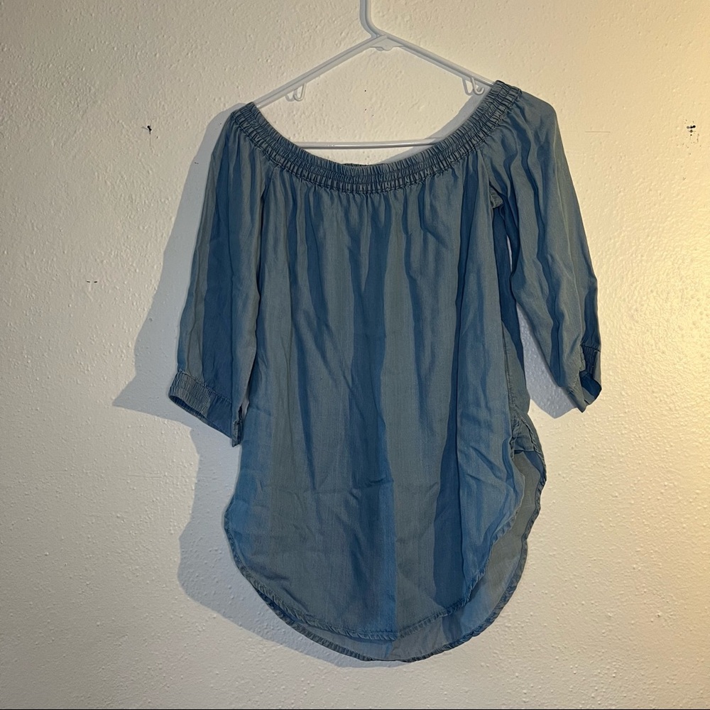 Off the shoulder blue blouse